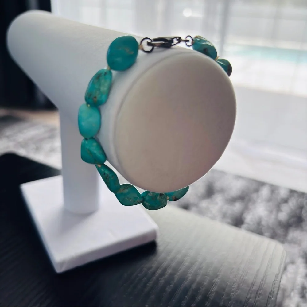 Turquoise Nugget Bead Bracelet Silver Tone Clasp Southwestern Boho - Picture 7 of 7